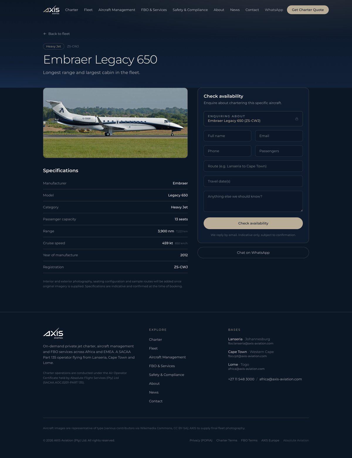 Individual aircraft detail page with specifications and enquiry