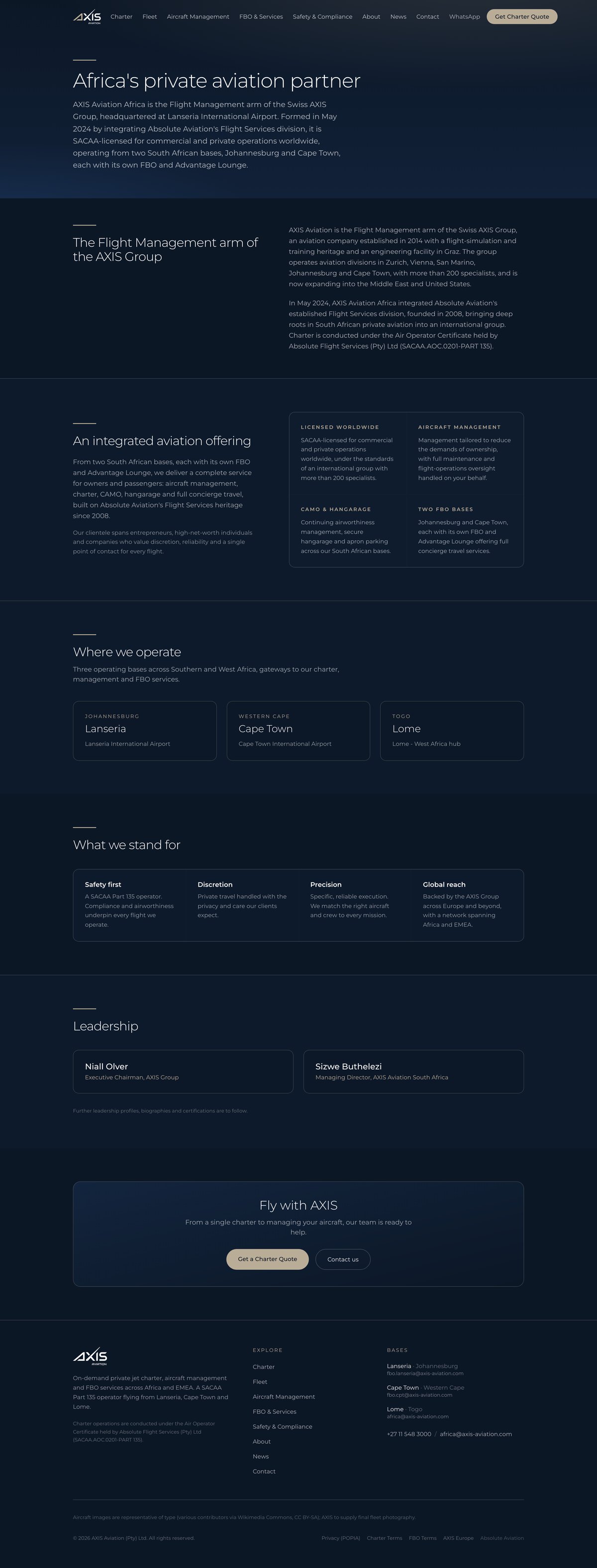 AXIS Aviation about page, group story and locations